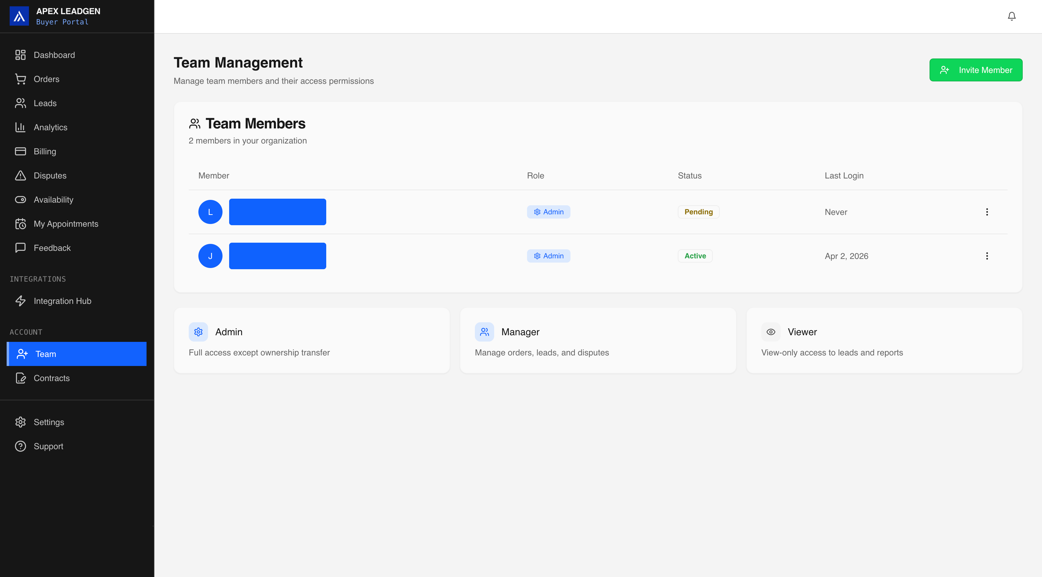 APEX buyer portal — team management