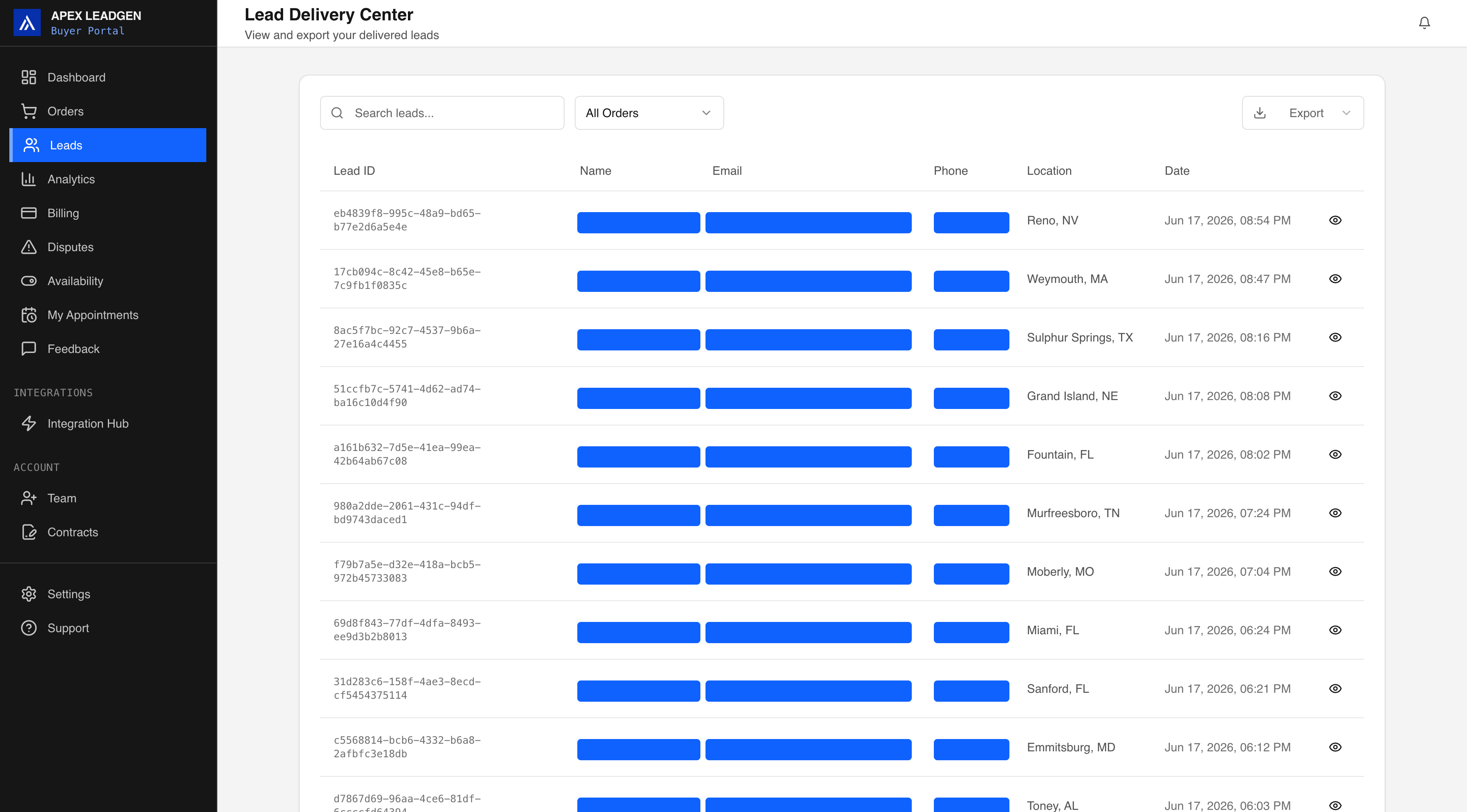 APEX buyer portal — lead delivery center